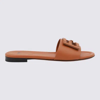 Fendi Baguette Leather Slides With Macro Selleria Topstitches In Brown