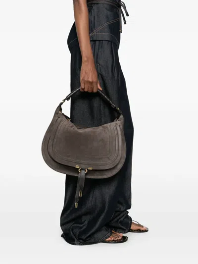 Chloé Marcie Medium Black Shoulder Bag With Logo Lettering On The Front In Suede Woman In Gray