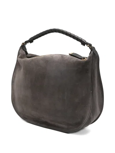Chloé Marcie Medium Black Shoulder Bag With Logo Lettering On The Front In Suede Woman In Gray
