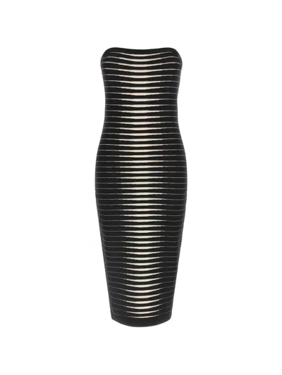 条纹图案搭链带中长连衣裙