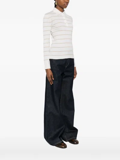 Max Mara Gitano Cashmere Silk Collared Striped Sweater In Neutral