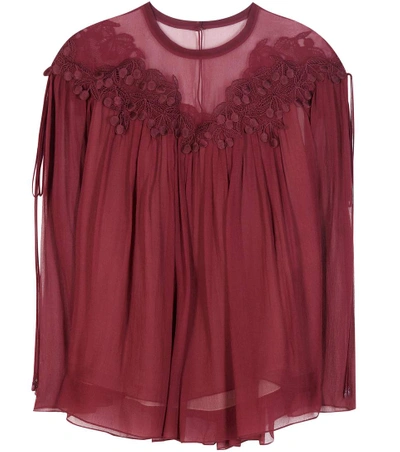 Chloé Cherry Guipure Lace Crushed Georgette Blouse In Red