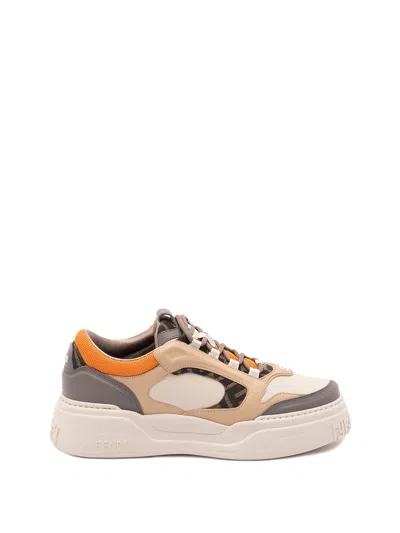 Fendi Force Leather Sneakers With Ff Jacquard And Mesh Details In Neutral