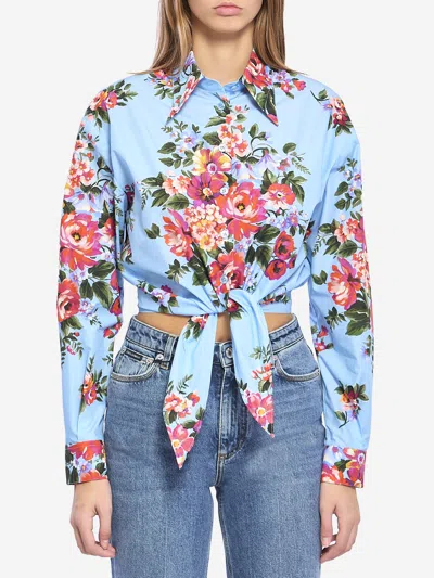 Dolce & Gabbana Floral Shirt Collared Neck Long Sleeves Tie Front In Blue