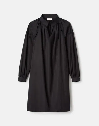 Lafayette 148 New York Soutache Trim Long Sleeve Organic Cotton Poplin Popover Dress In Black