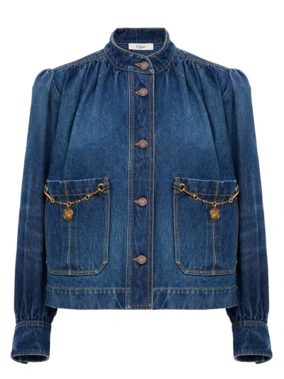 Chloé Blue Jacket With High Neck And Chain Detail On The Front In Denim Woman