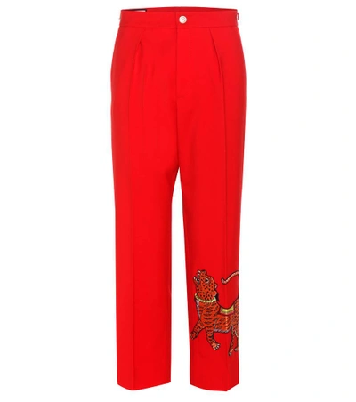 Shop Gucci Embellished Wool Cropped Trousers In Red