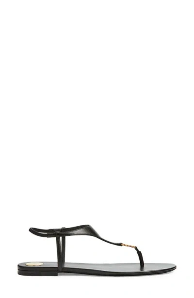 Saint Laurent Smooth Leather Cassandra Triangular Upper Flat Sandals In Black