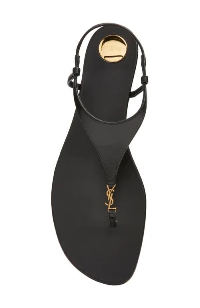 Saint Laurent Smooth Leather Cassandra Triangular Upper Flat Sandals In Black