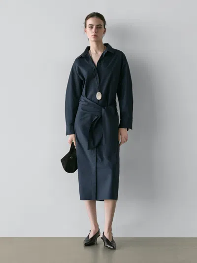 Massimo Dutti Long Shirt Dress With Scarf Detail In Blue