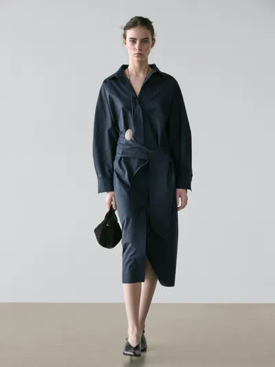 Massimo Dutti Long Shirt Dress With Scarf Detail In Blue