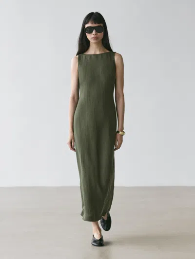 Massimo Dutti Long Linen Dress In Green