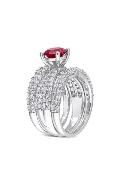 Delmar Lab Created White Sapphire & Lab Created Ruby Ring Stack Set In Silver
