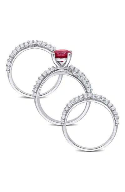 Delmar Lab Created White Sapphire & Lab Created Ruby Ring Stack Set In Silver