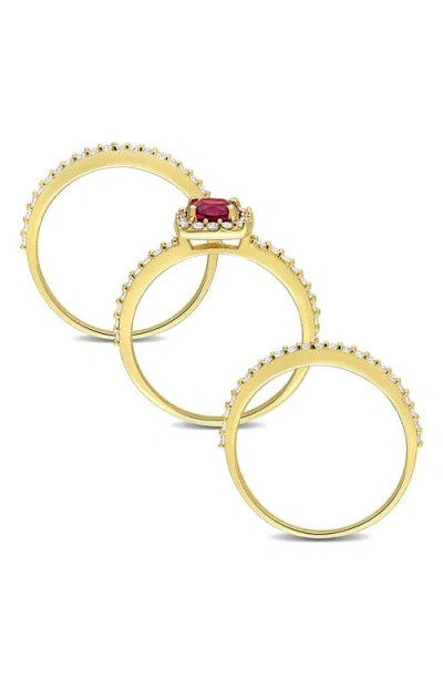 Delmar Lab Created White Sapphire & Lab Created Ruby Stackable Ring Set In Gold
