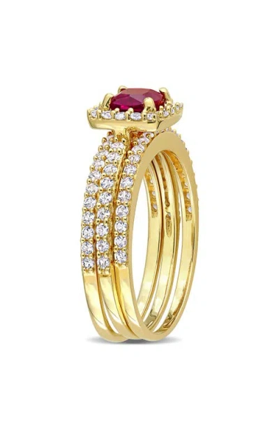 Delmar Lab Created White Sapphire & Lab Created Ruby Stackable Ring Set In Gold