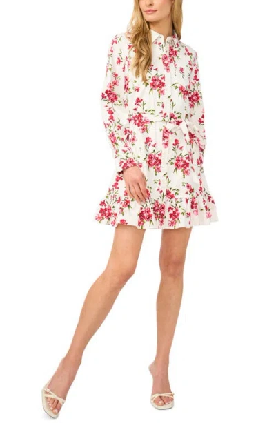 Cece Collared Button Down Long Sleeve Ruffle Mini Dress In White