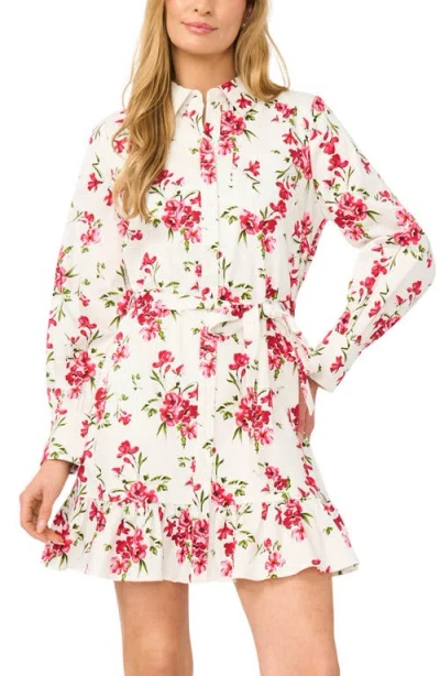Cece Collared Button Down Long Sleeve Ruffle Mini Dress In White