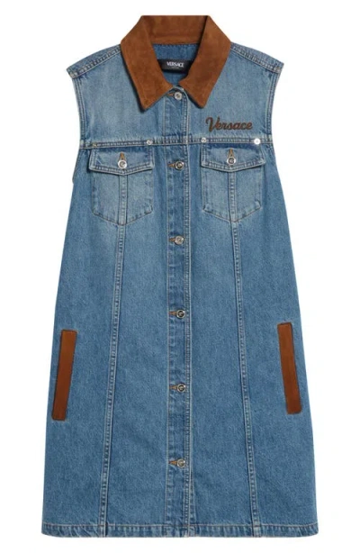 Versace Women Blue Sleeveless Buttoned Mini Dress, M Luxury Dresses For Women Darveys