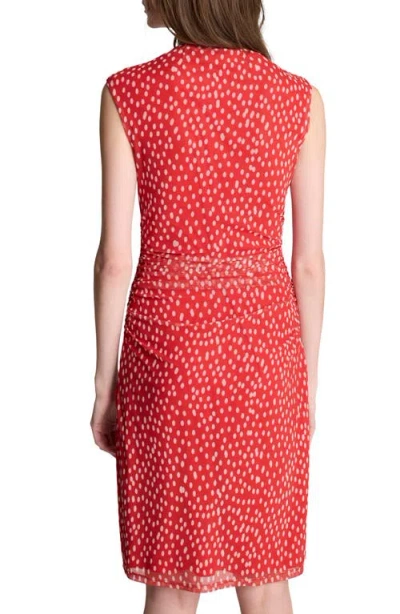 Kenneth Cole Polka Dot Mesh Side Rouched Faux Wrap Dress In Red