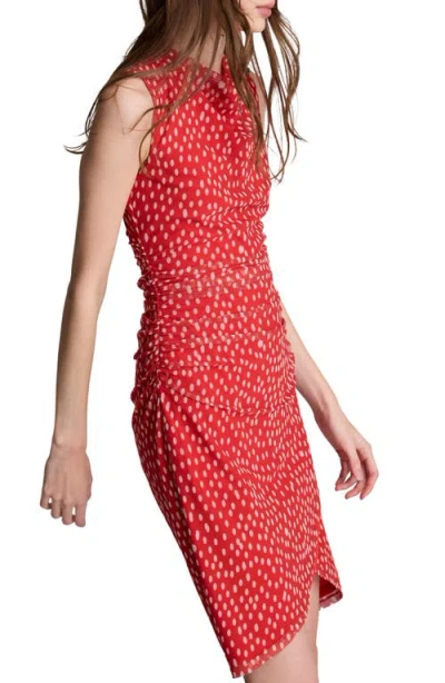Kenneth Cole Polka Dot Mesh Side Rouched Faux Wrap Dress In Red