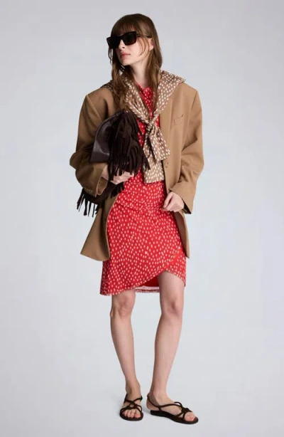 Kenneth Cole Polka Dot Mesh Side Rouched Faux Wrap Dress In Red