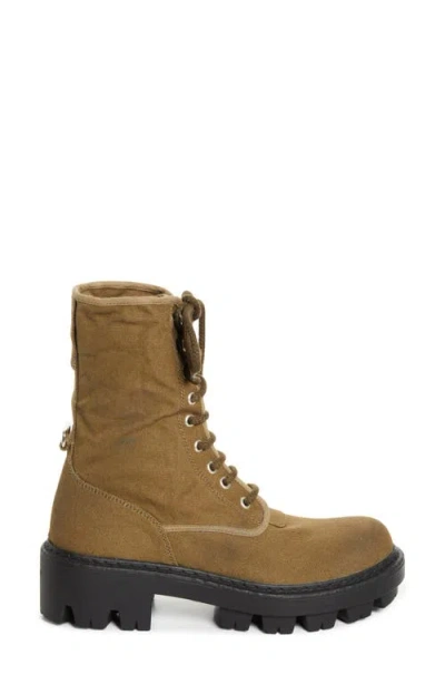 Prada Canvas Combat Boot In Brown