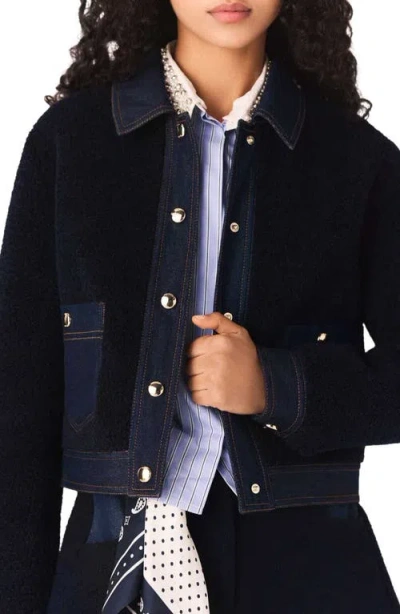 Maje Denim-trim Shearling Jacket In Blue