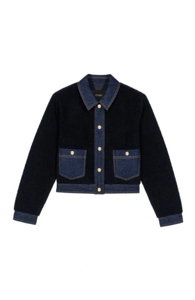 Maje Denim-trim Shearling Jacket In Blue
