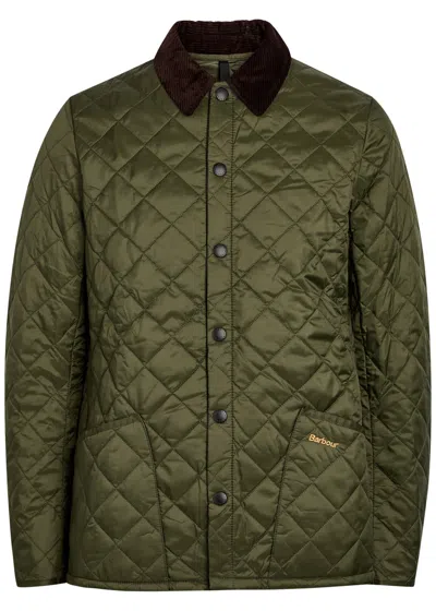 Barbour Heritage Liddesdale Green Jacket With Classic Corduroy Collar And Logo Lettering On The Front In Tec