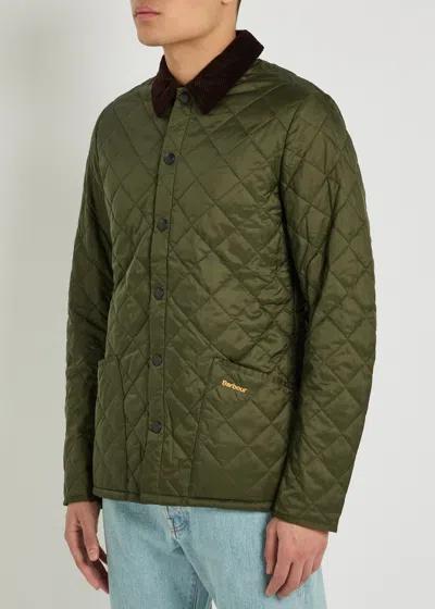 Barbour Heritage Liddesdale Green Jacket With Classic Corduroy Collar And Logo Lettering On The Front In Tec
