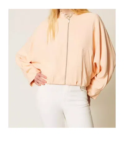 Twinset Cropped Lightweight Jacket With Front Zipper Closure In Neutral
