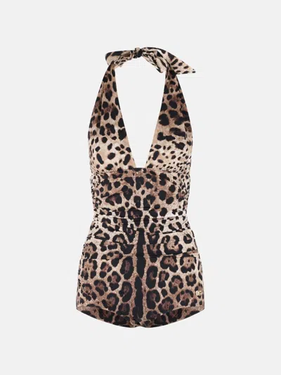 Dolce & Gabbana Women Leopard Printed Sensitive Fabric One-piece Swimsuit In Brown