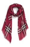 Burberry Gauze Giant Check Wool-silk Scarf, Pink In Plum