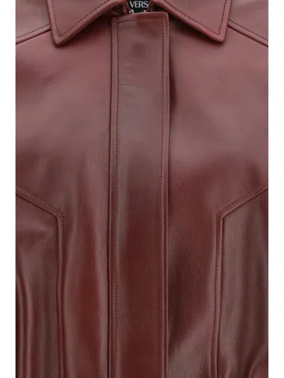 Versace Buffalo Leather Jacket Collared Design In Brown