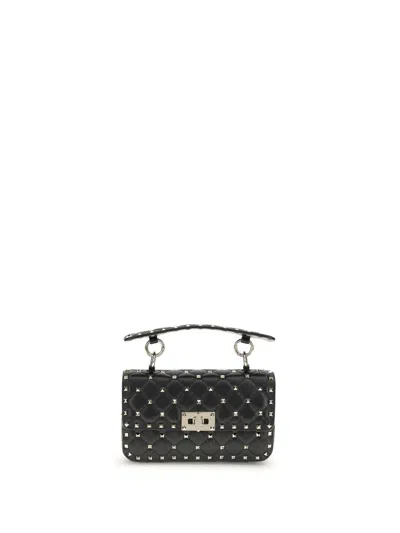 Valentino Black Nappa Leather Small Rockstud Spike Handbag In Black