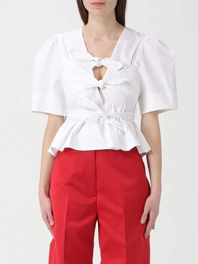 Ganni Womens Bright White Tie Strap Puffed-sleeves Stretch-cotton Blouse