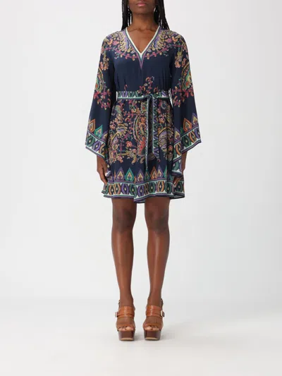 Etro Paisley Silk Belted Bell-sleeve Mini Dress In Blue