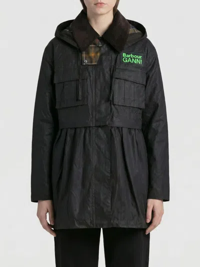 Barbour Dark Brown Jacket With All-over Stripe Motif And Logo Patch On The Front In Waxed Cotton Woman