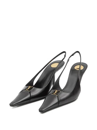Saint Laurent 75mm Babylone Leather Ysl Slingback Pumps In Black