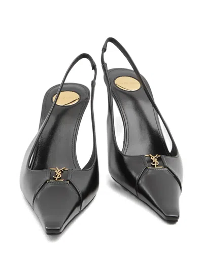 Saint Laurent 75mm Babylone Leather Ysl Slingback Pumps In Black