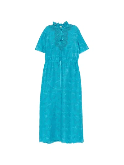 Valentino Eyelet Embroidered Cotton Drawstring Midi Dress In Blue