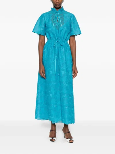 Valentino Eyelet Embroidered Cotton Drawstring Midi Dress In Blue