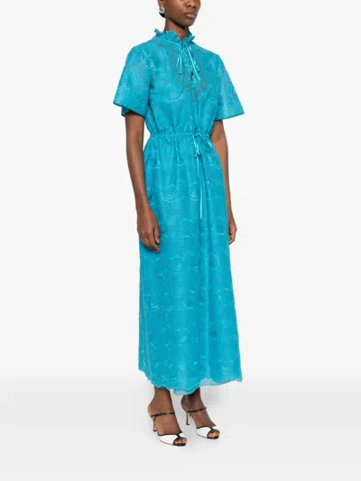 Valentino Eyelet Embroidered Cotton Drawstring Midi Dress In Blue