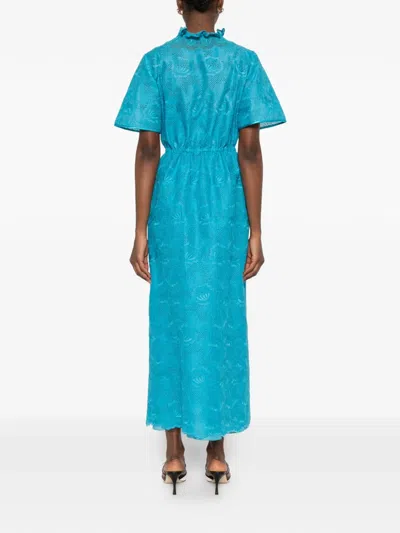 Valentino Eyelet Embroidered Cotton Drawstring Midi Dress In Blue