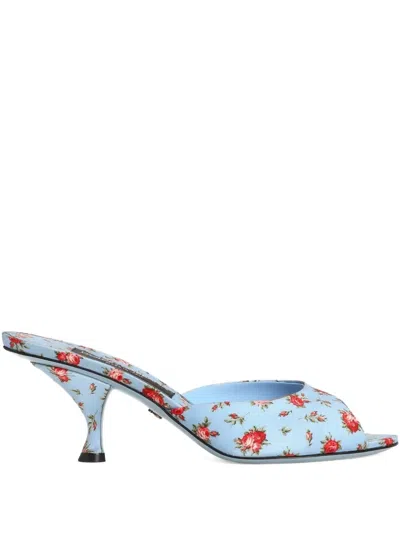 Dolce & Gabbana Keira Satin Mules With Little Roses Print In Blue