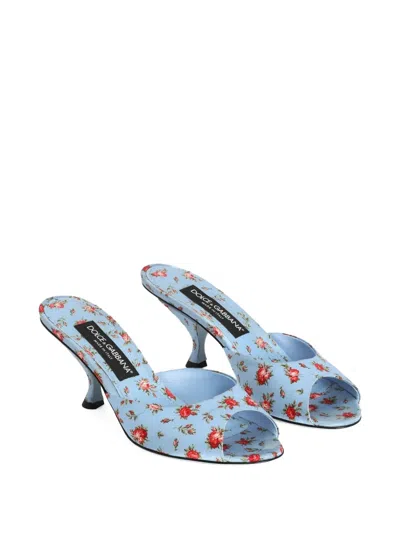 Dolce & Gabbana Keira Satin Mules With Little Roses Print In Blue