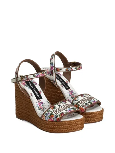 Dolce & Gabbana Wedge Sandals With Logo Embroidery In White