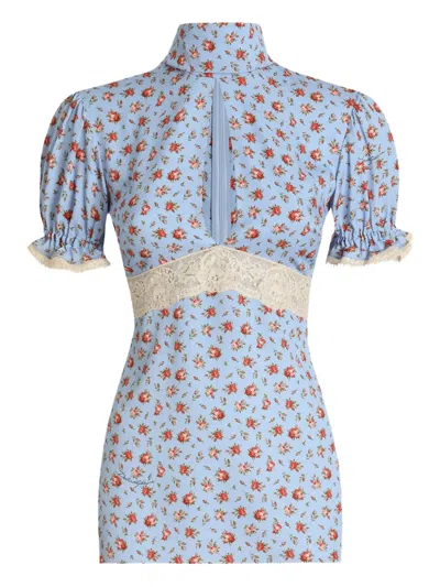Dolce & Gabbana Dolce  Gabbana Small Rose-printed Charmeuse Top In Blue
