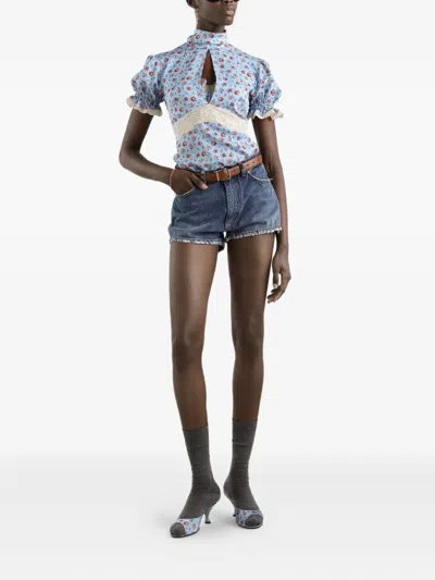 Dolce & Gabbana Dolce  Gabbana Small Rose-printed Charmeuse Top In Blue